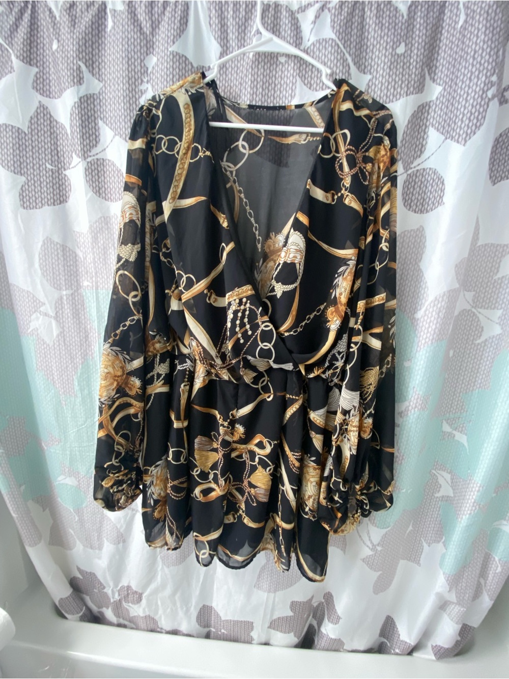 Black & Gold Chain-Print Long Sleeve Romper